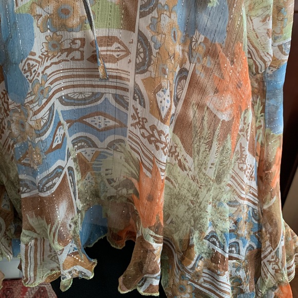 Boho style sheer tunic top ruffled loose sleeves brown orange blue flower US L - Picture 7 of 9